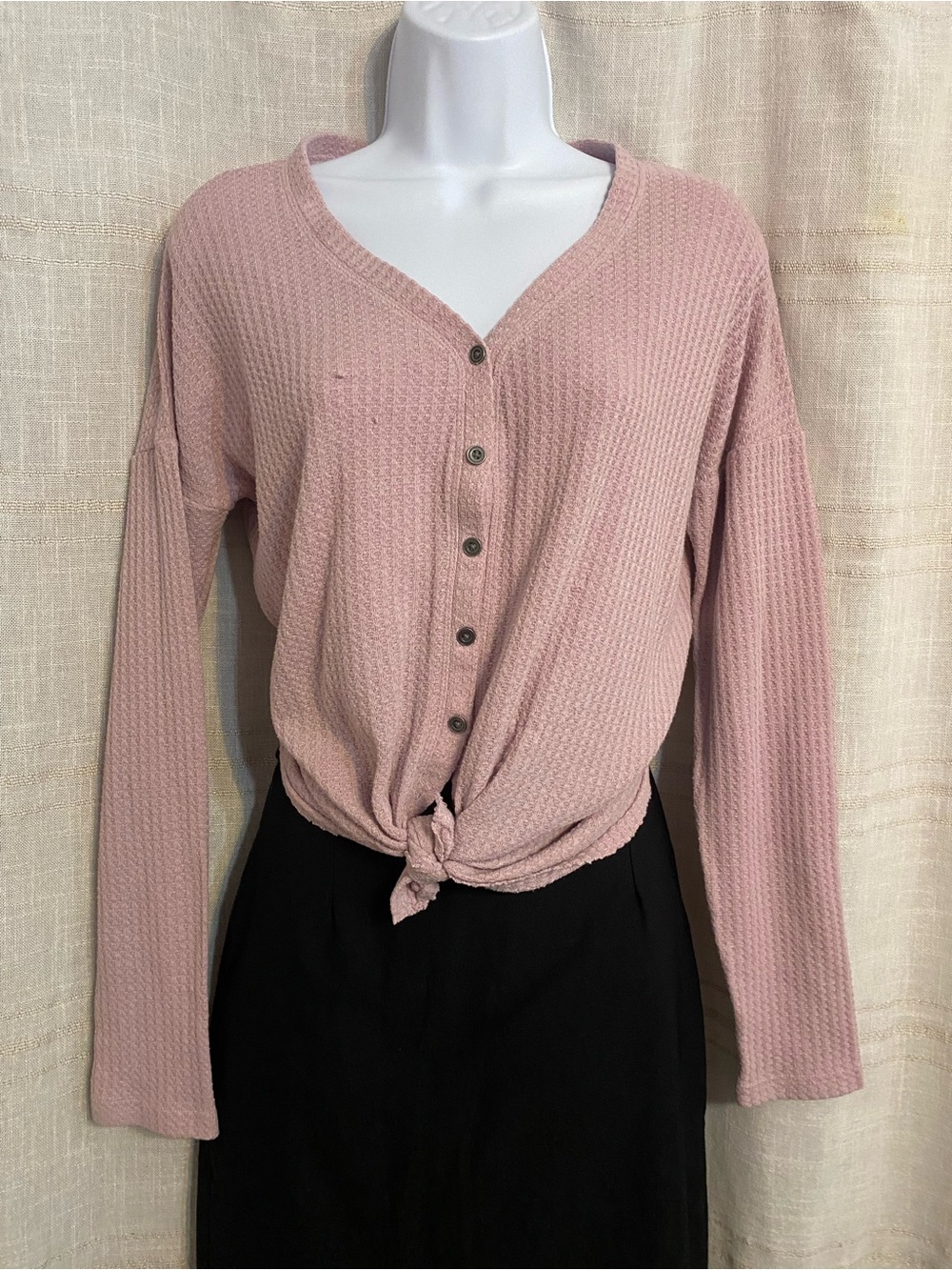 Vintage Y2K Mudd Mauve Pink Waffle Knit Tie Front Button Up Cardigan XS
